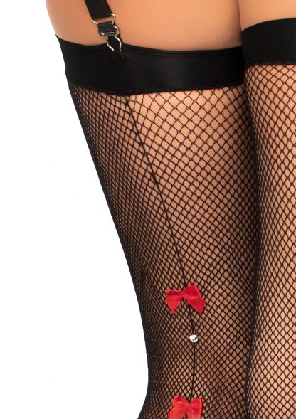 Fishnet Thigh Highs With Bow and Rhinestone Backseam