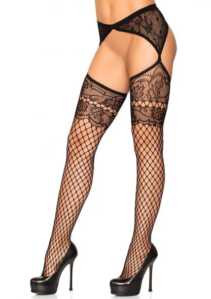 Lace Top Industrial Net Stockings With Attached Garter Belt