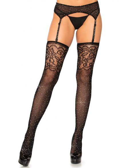Rhinestone Fishnet Stockings With Jacquard Lace Top