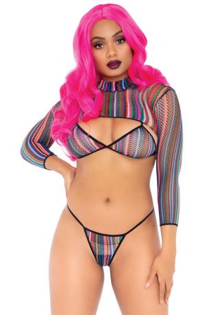 3 PC Striped Fishnet Bikini Top with G-String Panties and Long Sleeved Crop Top