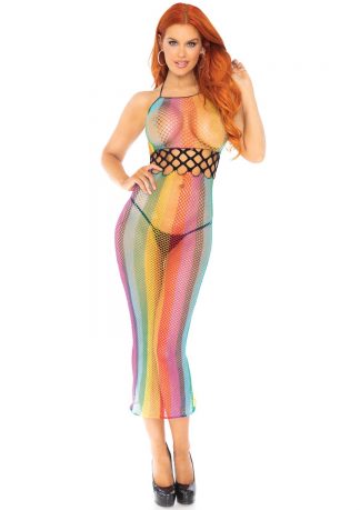 Rainbow Net Long Halter Dress With Cut Out Detail