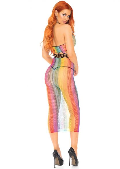 Rainbow Net Long Halter Dress With Cut Out Detail