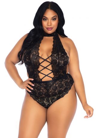 High Neck Floral Lace Backless Teddy With Lace Up Accents And Crotchless Thong Panty