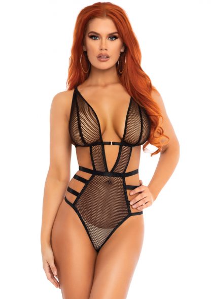 Fishnet Cut Out Strappy G-String Teddy With Adjustable Straps