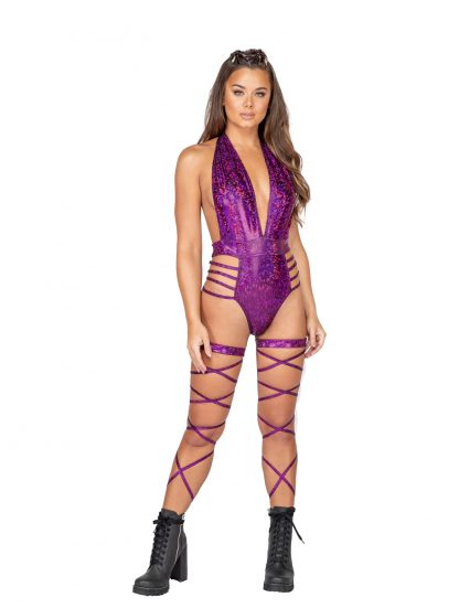 1pc Low Plunge Iridescent Shimmer Romper with Strap Detail