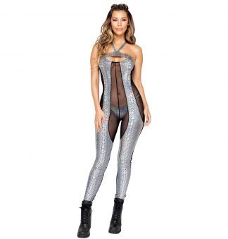 1pc Two-Tone Sheer & Snakeskin Catsuit