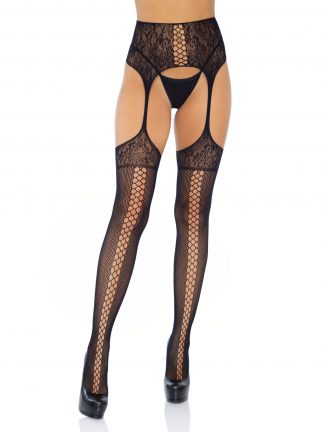 Faux Lace Up Dual Net Backseam Stockings With Lace Top And High Waist Attached Garter Belt