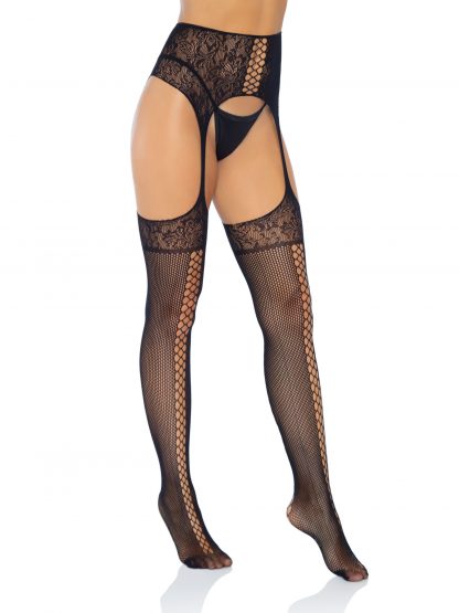 Faux Lace Up Dual Net Backseam Stockings With Lace Top And High Waist Attached Garter Belt