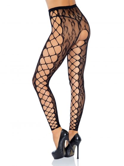 Leopard Lace Footless Crotchless Tights With Net Side Panel