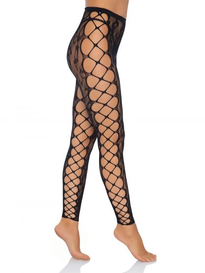 Leopard Lace Footless Crotchless Tights With Net Side Panel
