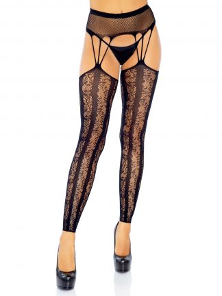 Striped Lace Footless Stockings With Multi Strand Attached Fishnet Garter Belt