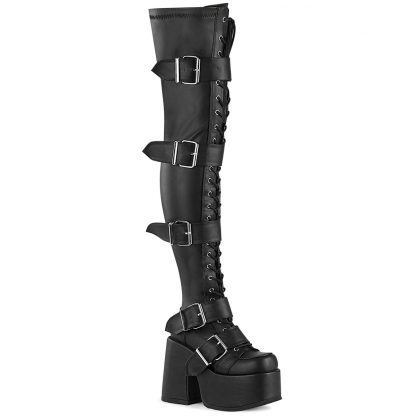 Demonia CAMEL-305 5" Chunky Heel 3" PF Thigh-High Lace-Up Boot Inside Zip