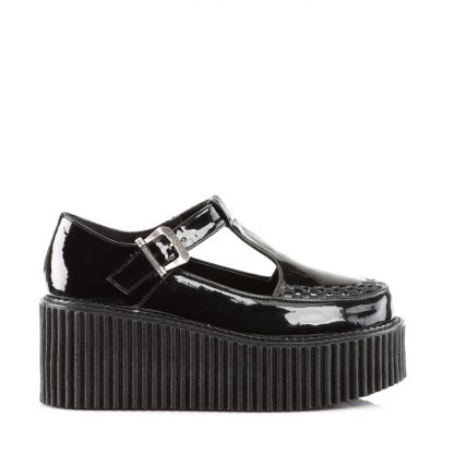 Demonia CREEPER-214 3" PF T-Strap Creeper with Side Cutout & Buckle Detail