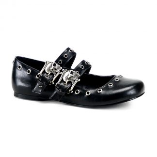 Demonia DAISY-03 Ballet Flat Double Strap MJ with Skull Buckle Eyelet Detailing