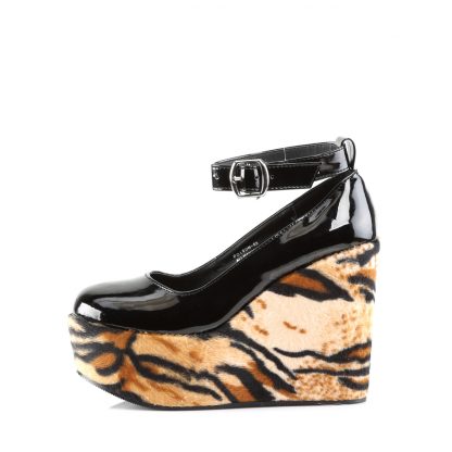 Demonia POISON-03 5" Wedge PF Ankle Strap with Tiger Print Bottom