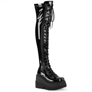 Demonia SHAKER-374 4 1/2" Wedge PF Lace-Up Thigh-High Boot Outside Zip