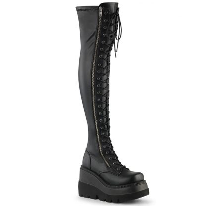 Demonia SHAKER-374 4 1/2" Wedge PF Lace-Up Thigh-High Boot Outside Zip