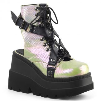 Demonia SHAKER-56 4 1/2" Wedge Platform Open Back Lace-Up Ankle Boot