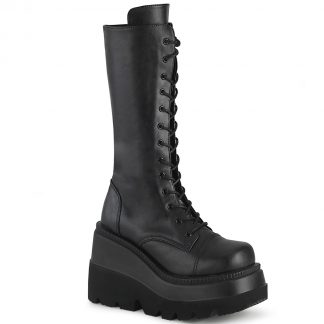 Demonia SHAKER-72 4 1/2" Wedge PF Lace-Up Mid-Calf Boot Side Zip