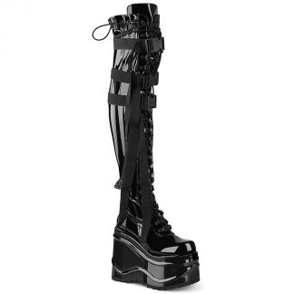 Demonia WAVE-315 6" Wedge PF Lace-Up Stretch Thigh Boot Side Zip