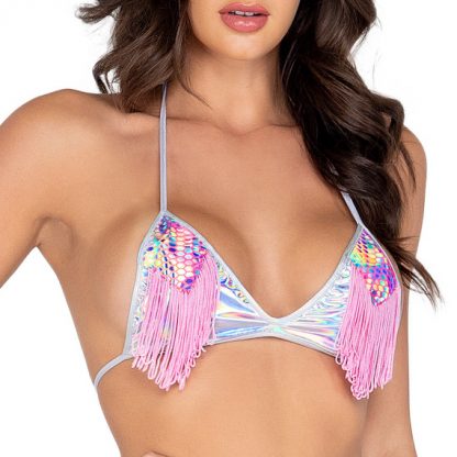 6018 Shiny Bikini Top with Fringe Detail