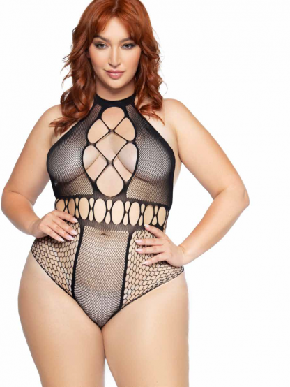 Seamless Multi Net Bodysuit With T-Strap Halter And Cheeky Cut Bottom