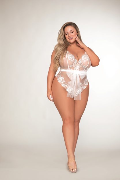 Plus Size Open Back Halter Teddy with Delicate Embroidery & Gold Ring Details