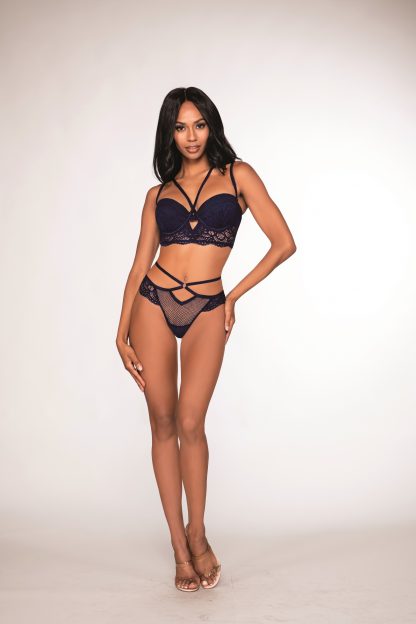 Fishnet & Scalloped Lace Bra Set with Plunge Neckline & Matching Thong
