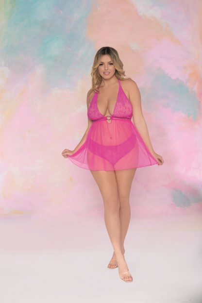 Plus Size Scalloped Stretch Lace & Mesh Babydoll Set with Halter Neckline & T-Back Strap