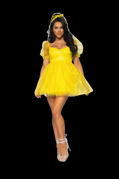 Frosted Organza Babydoll Dress With Ruffled Sweetheart Neckline And Puff Sleeves