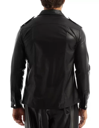 Men Wet Look Patent Leather Long Sleeve Shirt Tops Hip Hop Biker Black Jacket Clubwear