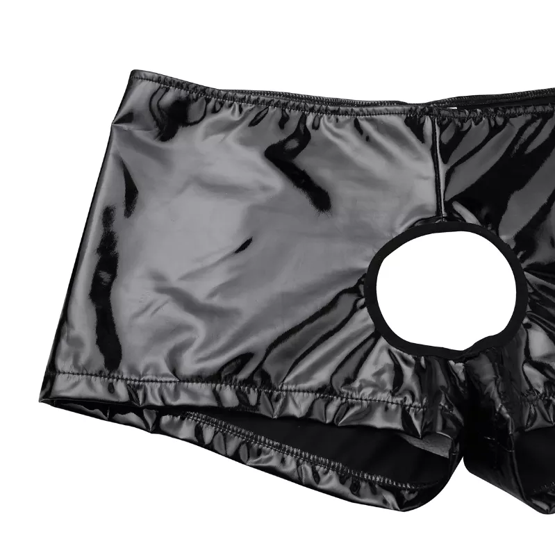 Mens Sexy Boxer Briefs Low-rise Patent Leather Crotchless Open Front ...