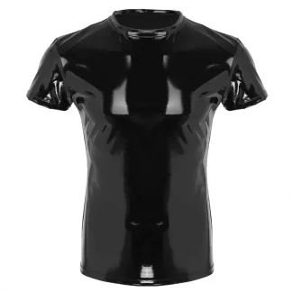 Mens Shiny Faux Leather T-shirt Slim Fit Short Sleeve Round Neck Tight Tank Top T Shirt Undershirt