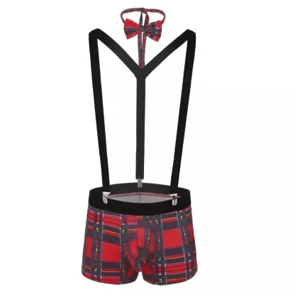 3Pcs Mens Plaid Bulge Pouch Boxer Briefs Underwear with Y Back Elastic Strong Clip Suspenders and Bowtie Set