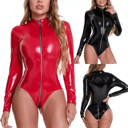 Long Sleeve Zipper Leather Catsuit Sexy Lingerie Bodysuits Clubwear For Women