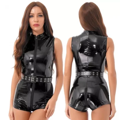 Women Patent Leather Catsuit Clubwear Pole Dancing Performance Zipper Sleeveless Bodysuit with Belt