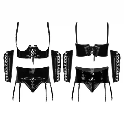 4pcs Hot Sale Sexy Mature Women's Sexy Patent Leather Lingerie Set Open Bust Underwire Top+Garter Panties+Sleeves