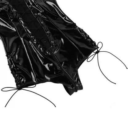 Women Zipper Crotch Jumpsuit Wet Look Leather One-piece Cap Sleeve Plunging Lace-up Romper Sexy Leotard Black Bodysuit