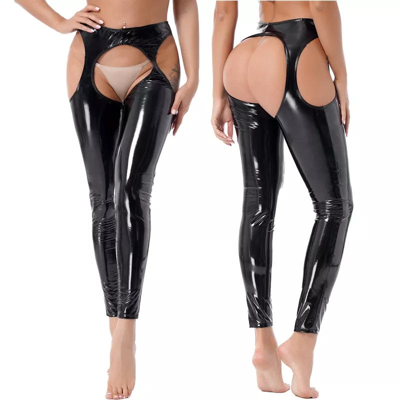 Womens Lingerie Crotchless Underwear Set Wet Look Patent Leather