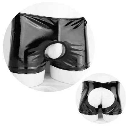 Mens Sexy Boxer Briefs Low-rise Patent Leather Crotchless Open Front Hole Shorts Briefs with Front Hole Underwear