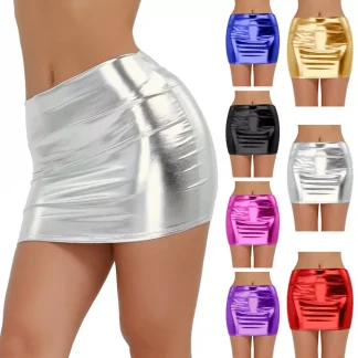 Women Shiny Metallic Sexy Mini Skirt Slim Fit Wetlook Patent Leather Bodycon Skirts Clubwear