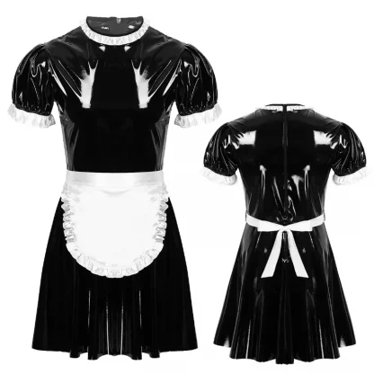 Patent Leather Men Sissy Maid Costume Cosplay Outfit Maid Servant Uniform with Apron Sexy Lingerie Clubwear