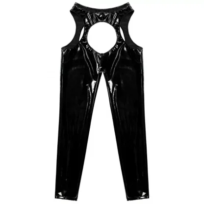 Womens Wet Look High Waist Cutout Leggings Crotchless Open Butt Patent Leather Skinny Pants