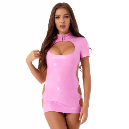 Ladies Patent Leather Bare Breast Mini Dress Stand Collar Short Sleeve Back Zipper Wet-Look Stage Performance Costume Clubwear