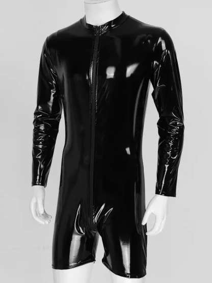 Sexy Mens Wet Look Patent Leather Zipper Jumpsuit Long Sleeve Bodysuit for Club Stage Costume
