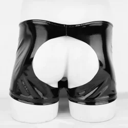 Mens Sexy Boxer Briefs Low-rise Patent Leather Crotchless Open Front Hole Shorts Briefs with Front Hole Underwear
