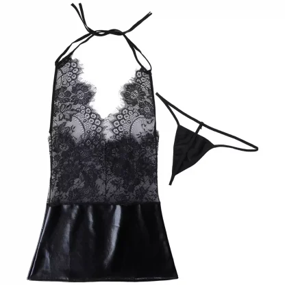 Women Sexy See Through Lace Floral Lingerie Set Sheer Sleeveless Leather Skirt Bodysuit with G-String Briefs Sleepwear