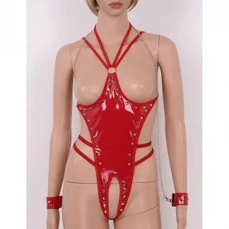 Pvc Leather Sexy Lingerie Crotchless Thong Leotard Halter Neck Bare Exposed Breasts Sex Teddy Erotic Bodysuit For Women