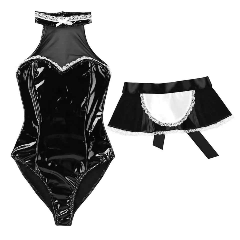 Wet Look Patent Leather Halter Bodysuit Skirts Dress Apron Outfit Maid Cosplay Costume