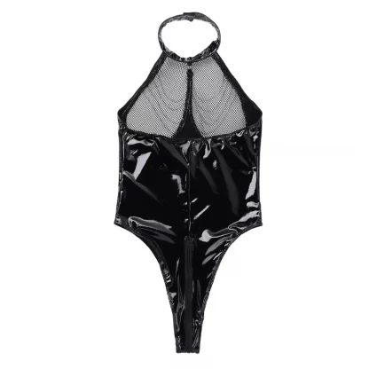 Sexy Womens Latex Leather Bodysuit One-piece Halter Neck Zipper Crotch Backless Thong Bodycon